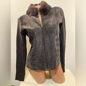 Vintage Escapade Brown Suede Sweater Jacket with Rabbit Fur Collar